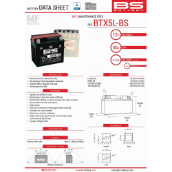 BS, akumulátor BTX5L-BS (YTX5L-BS) 12V 4AH 114X71X106, bezúdržbový - elektrolyt samostatně (70A) (8) UE2019/1148