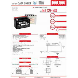 BS, akumulátor BTX9-BS (YTX9-BS) 152X88X106 12V 8AH, bezúdržbový - elektrolyt samostatně (120A) (6) UE2019/1148