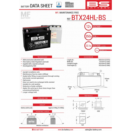 BS, akumulátor BTX24HL-BS (YTX24HL-BS) 12V 21AH 205X87X162, bezúdržbový - elektrolyt samostatně (350A) (2) UE2019/1148